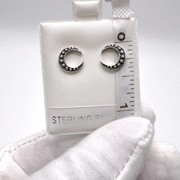 .925 Sterling Silver Crescent Moon Stud Earrings - Picture 8 of 12